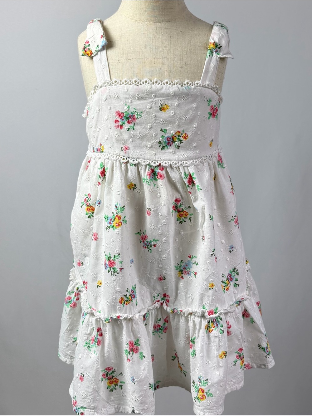 Shabby Chic White Eyelet Dress with Pink, Green & Yellow Floral Print